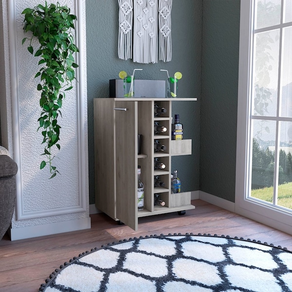 Tuhome Bar Cart, Two External Shelves, Four Casters, Six Built-in Wine Rack, Single Door Cabinet Light Gray MBZ5233 - main